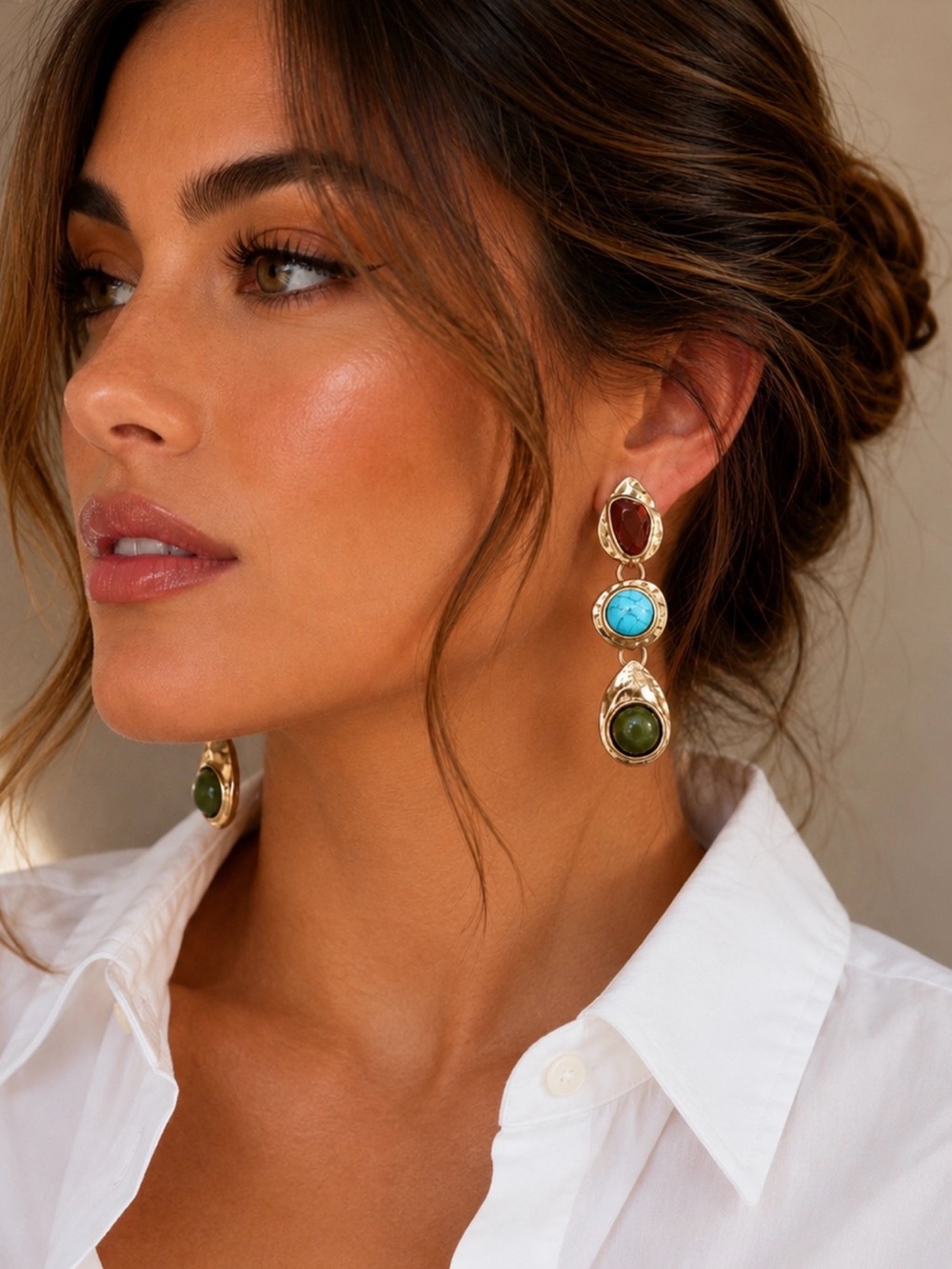 Gold Triple-Stone Drop Earrings with Turquoise and Olive Green - Women Jewelry